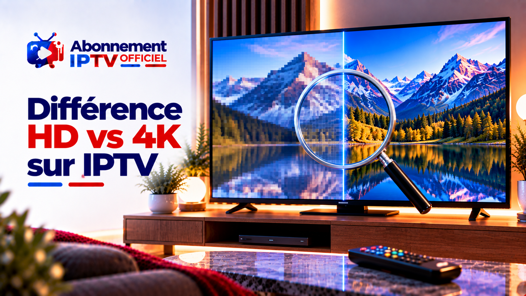Loupe sur une TV comparant une image HD pixelisée et une image 4K nette