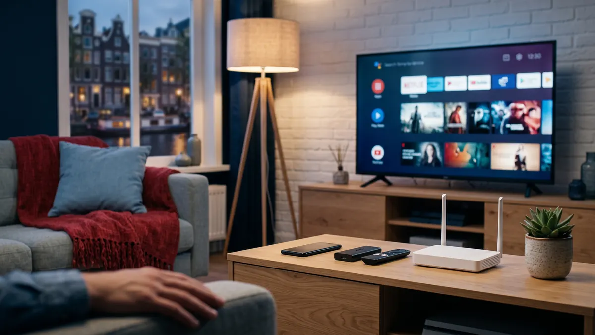 Salon avec box IPTV et Smart TV d’un fournisseur français
