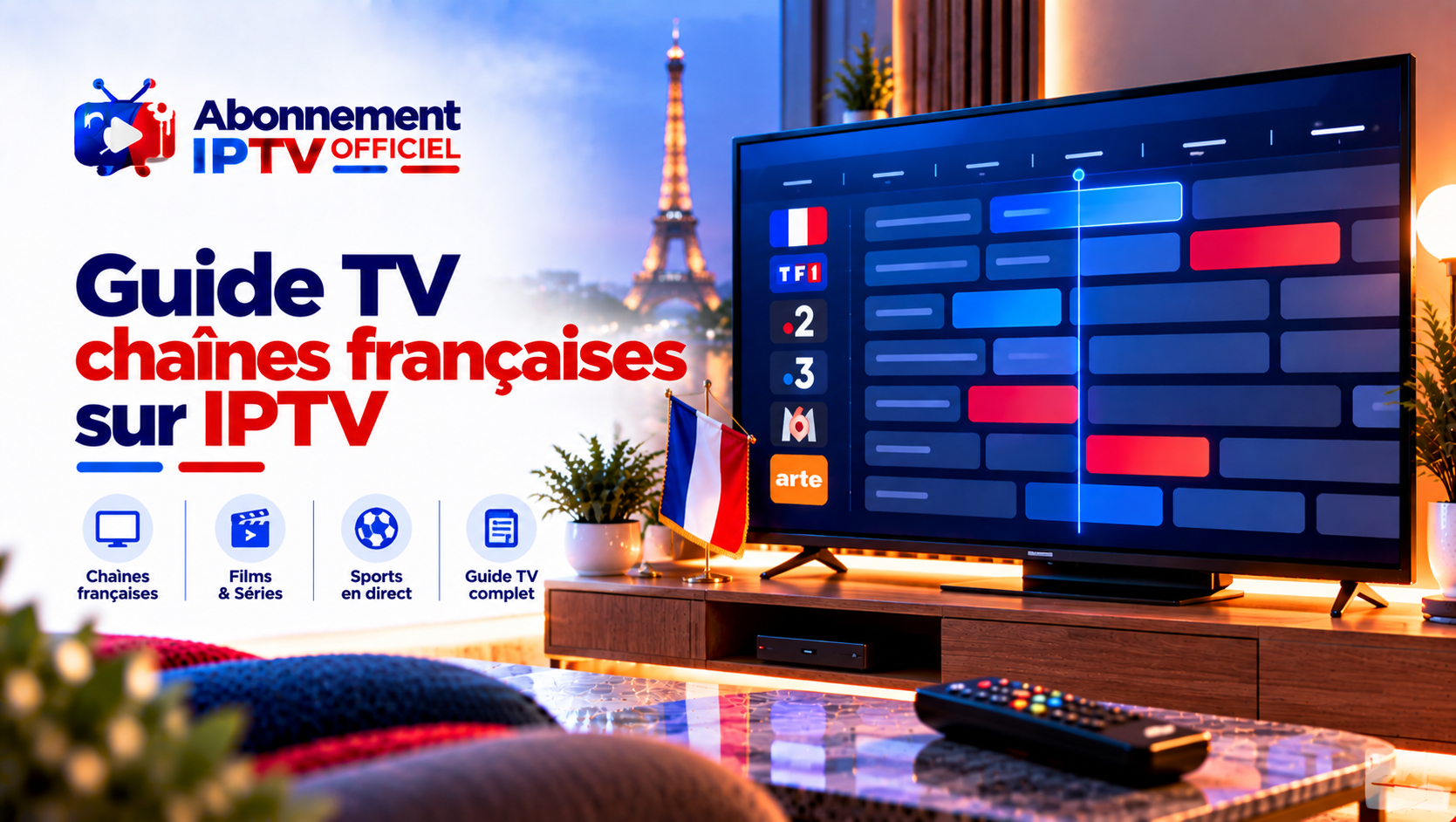 Guide TV des chaînes françaises en IPTV sur une Smart TV, drapeau tricolore