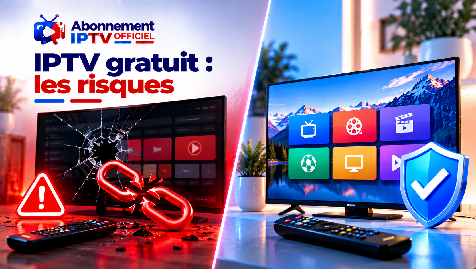 IPTV gratuit : écran cassé et chaîne brisée face à une TV protégée