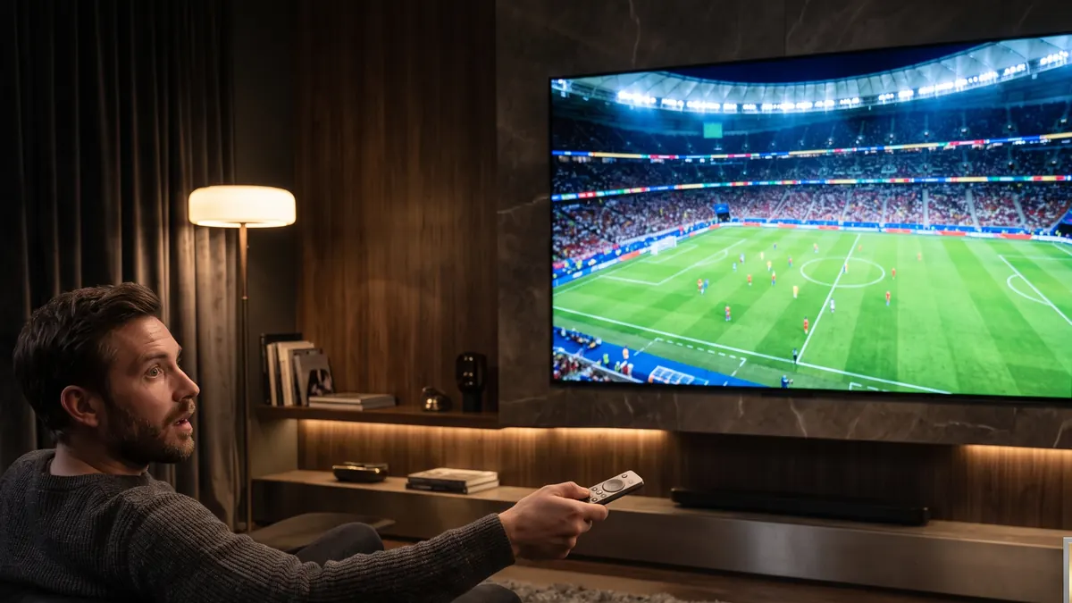 Match de football regardé en IPTV sur grand écran dans un salon