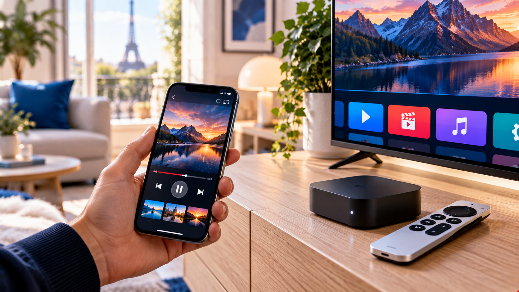 iPhone et boîtier Apple TV pour installer l’IPTV devant la Smart TV
