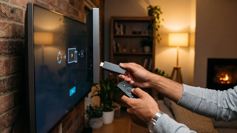 Fire TV Stick branché sur une TV pour l’installation IPTV avec Downloader