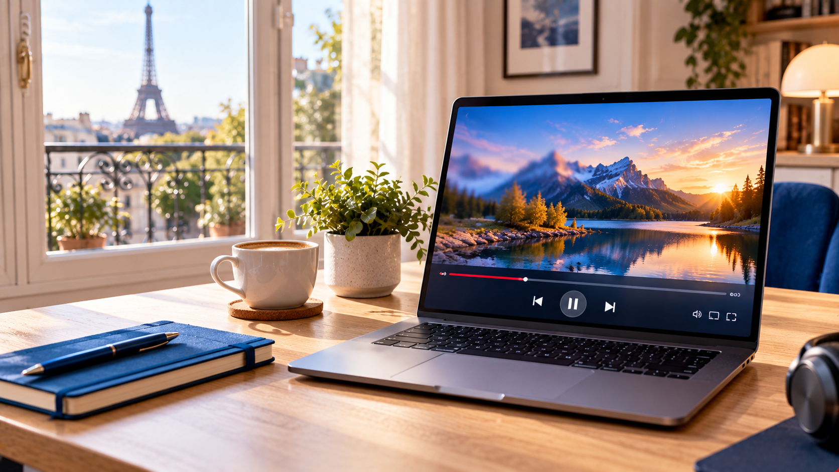 Ordinateur portable lisant une vidéo IPTV près d’une fenêtre parisienne