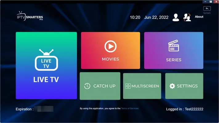 Écran d’accueil IPTV Smarters Pro avec TV en direct, films et séries